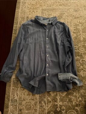 Ted Baker Slate Blue Casual Button-Down Shirt with Patterned Trim
